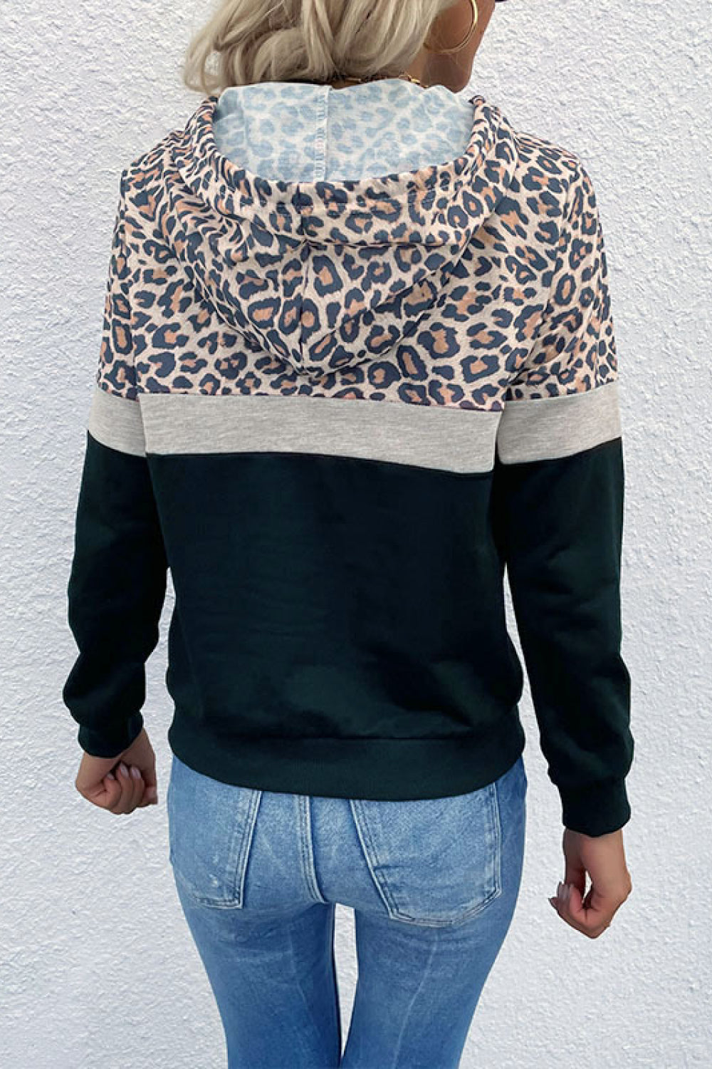 Perfee Leopard Color Block Long Sleeve Drawstring Hoodie