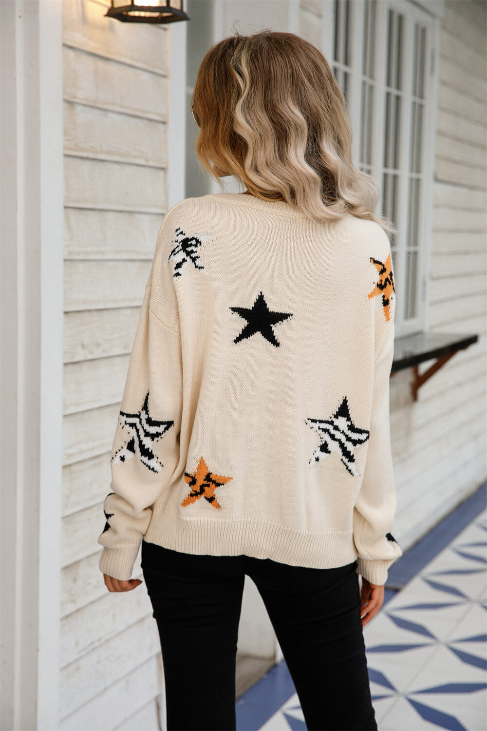 Angel Wings Star Pattern Round Neck Dropped Shoulder Sweater