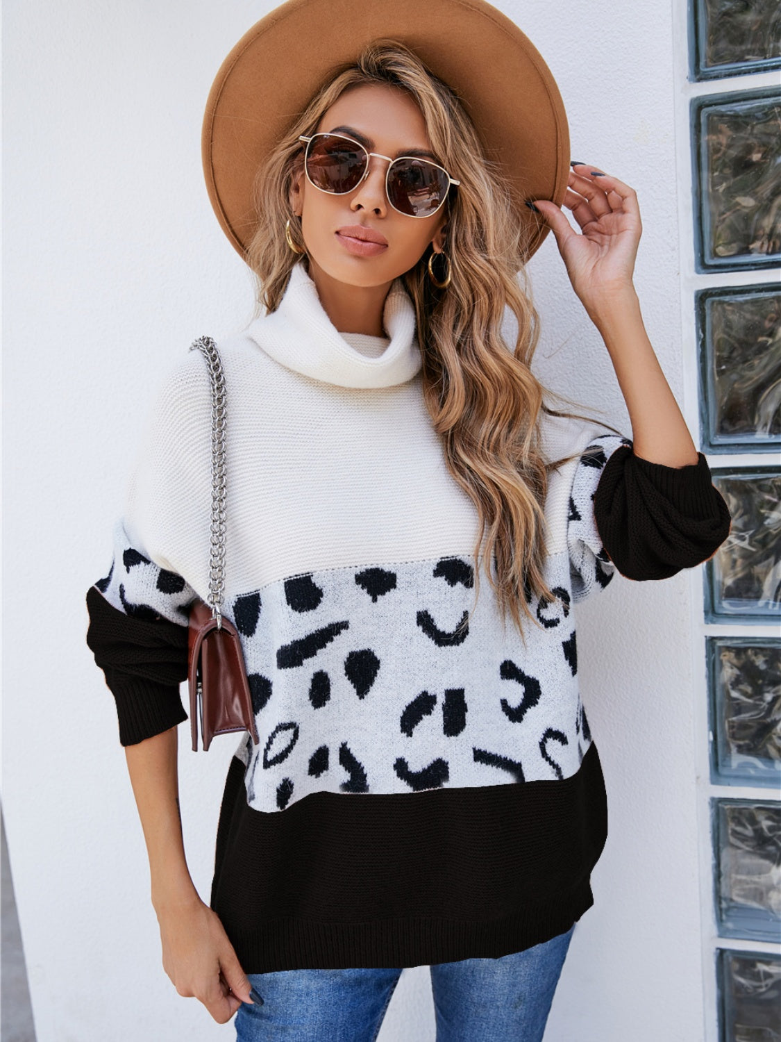 Angel Wings Leopard Color Block Turtleneck Sweater