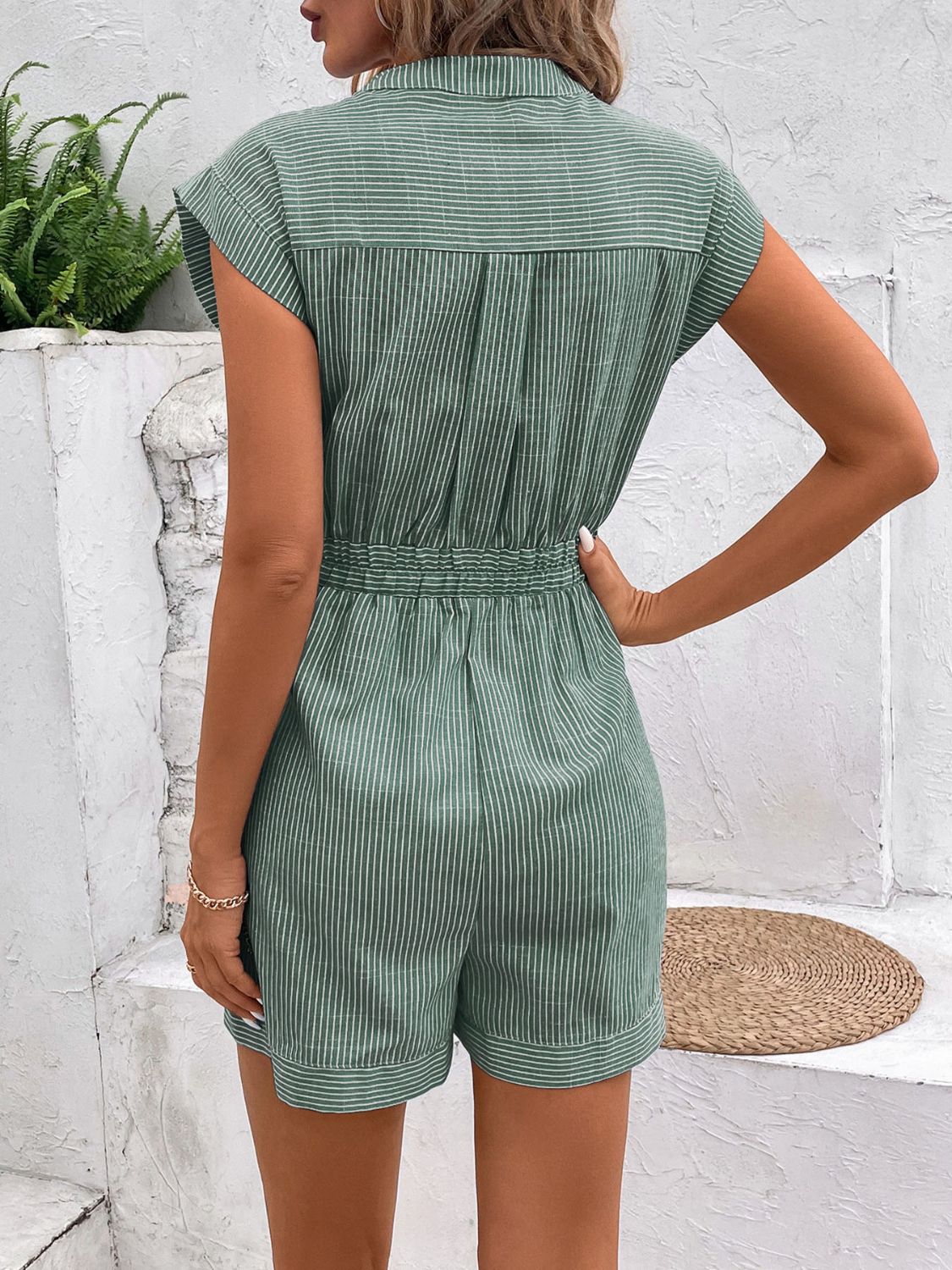 Perfee Striped Notched Tie Waist Romper