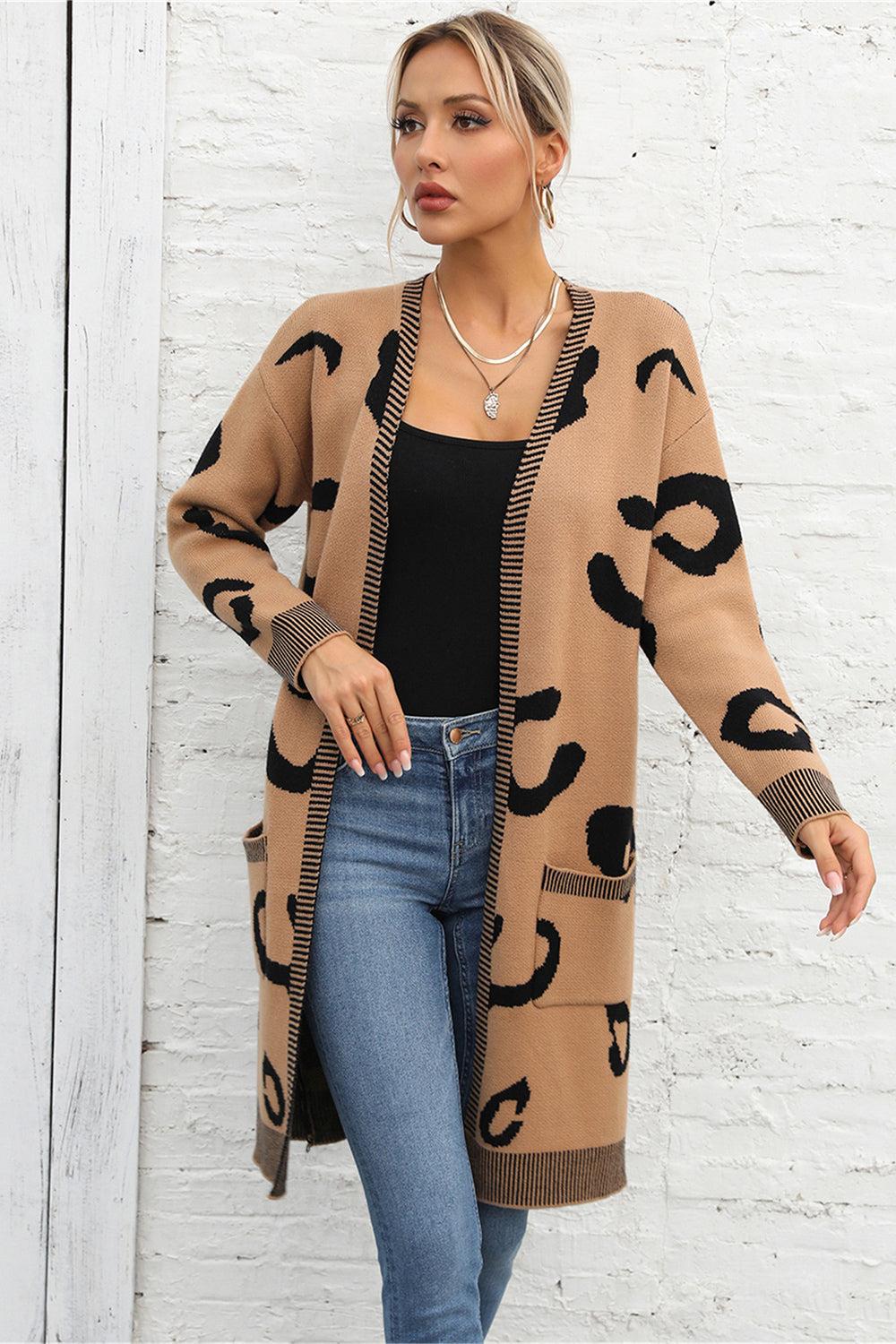 Angel Wings Printed Long Sleeve Cardigan with Pockets