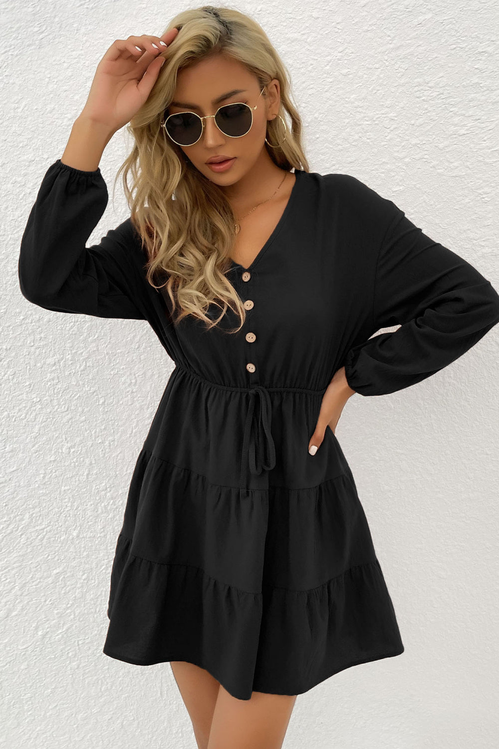 Perfee Decorative Button Tie Front Tiered Mini Dress