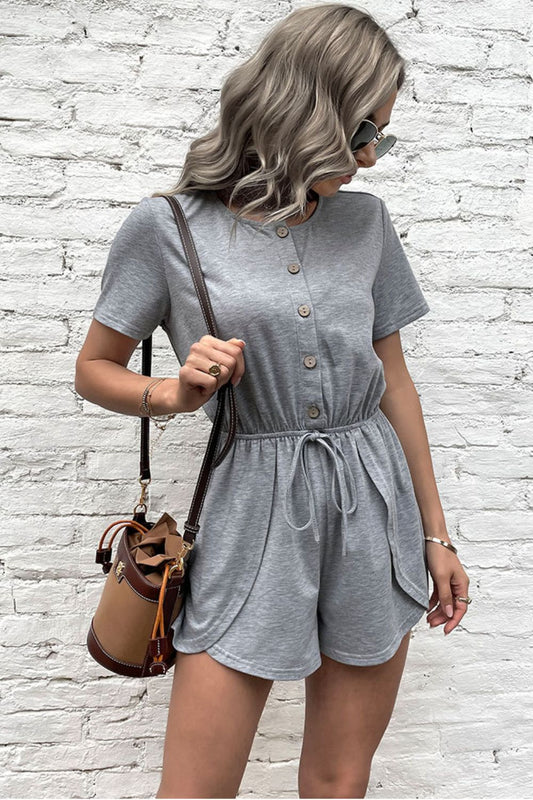 Perfee Buttoned Drawstring Round Neck Romper