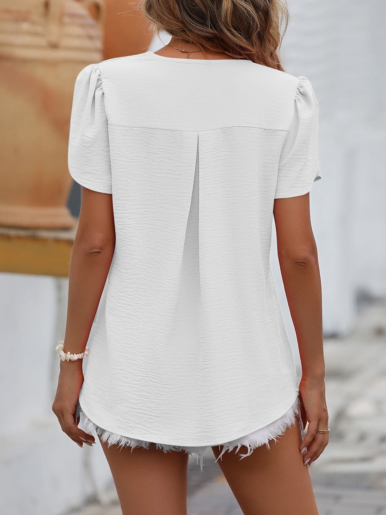 Mandy Ruche V-Neck Petal Sleeve Top