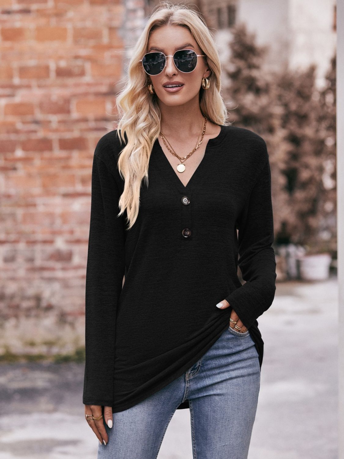 Mandy Buttoned Notched Neck Long Sleeve Top