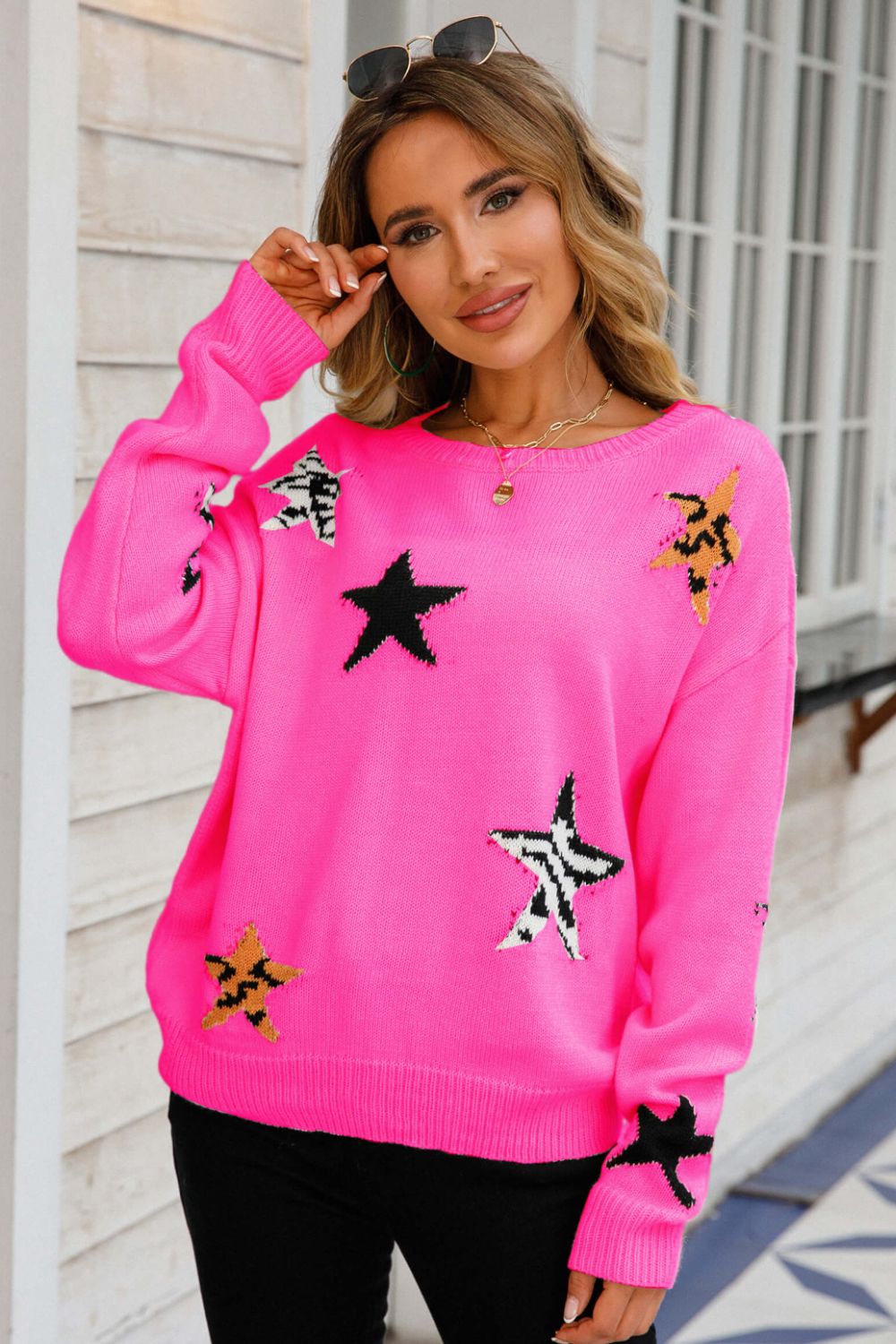 Angel Wings Star Pattern Round Neck Dropped Shoulder Sweater