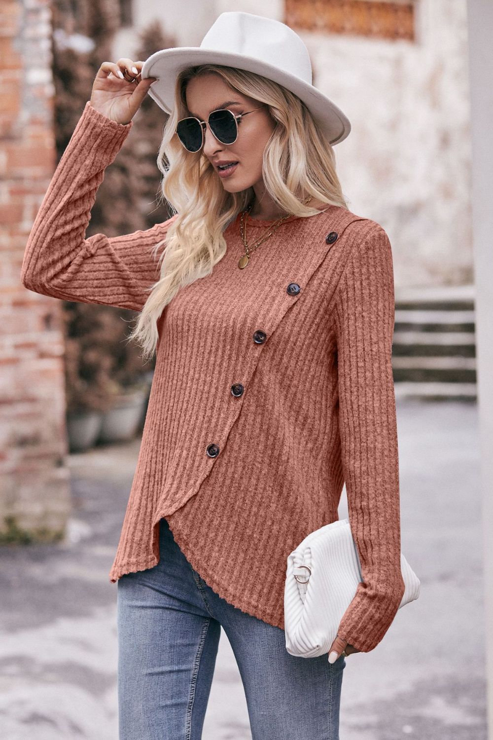 Mandy Ribbed Round Neck Buttoned Long Sleeve Tee