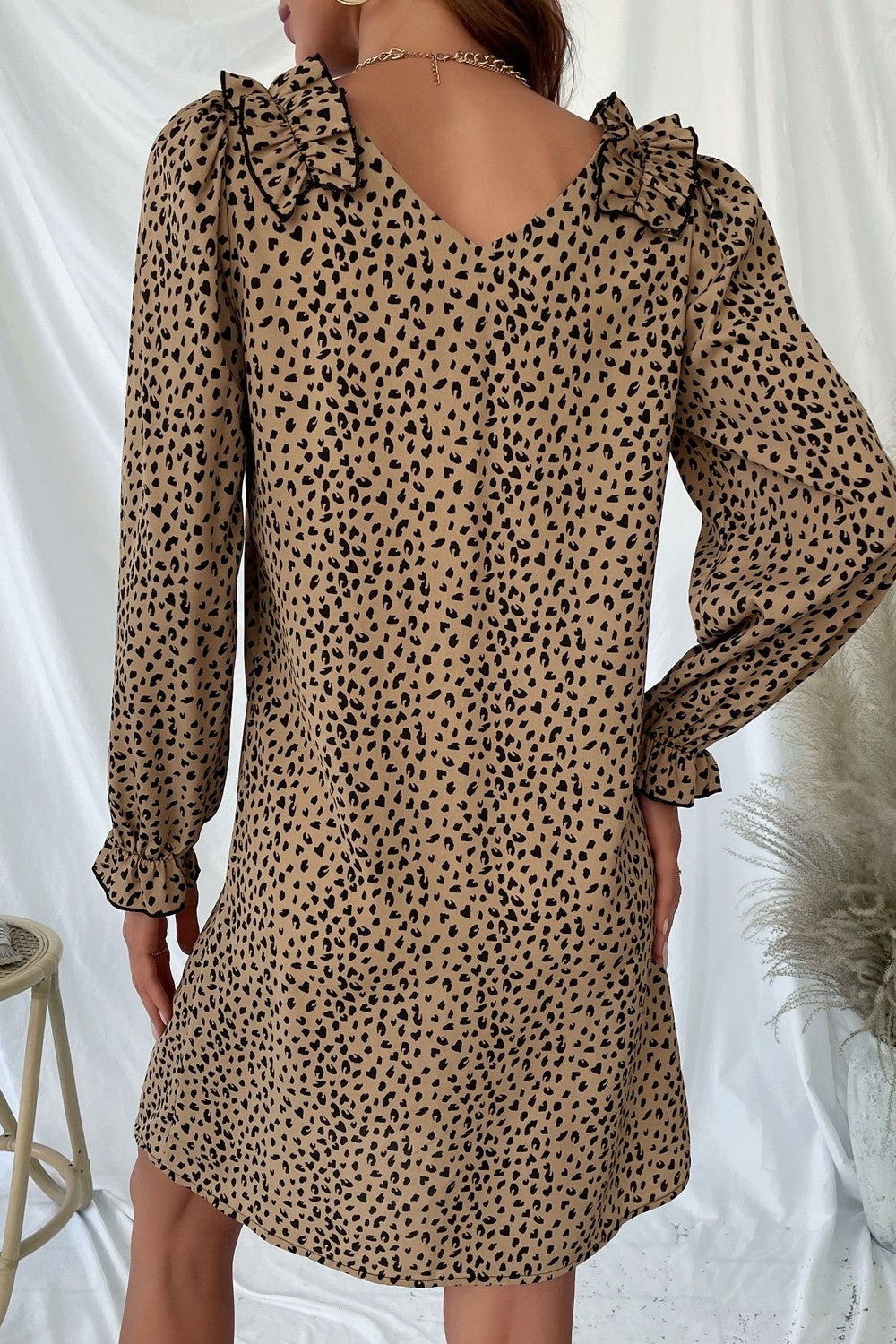 Perfee Leopard Frill Trim V-Neck Dress