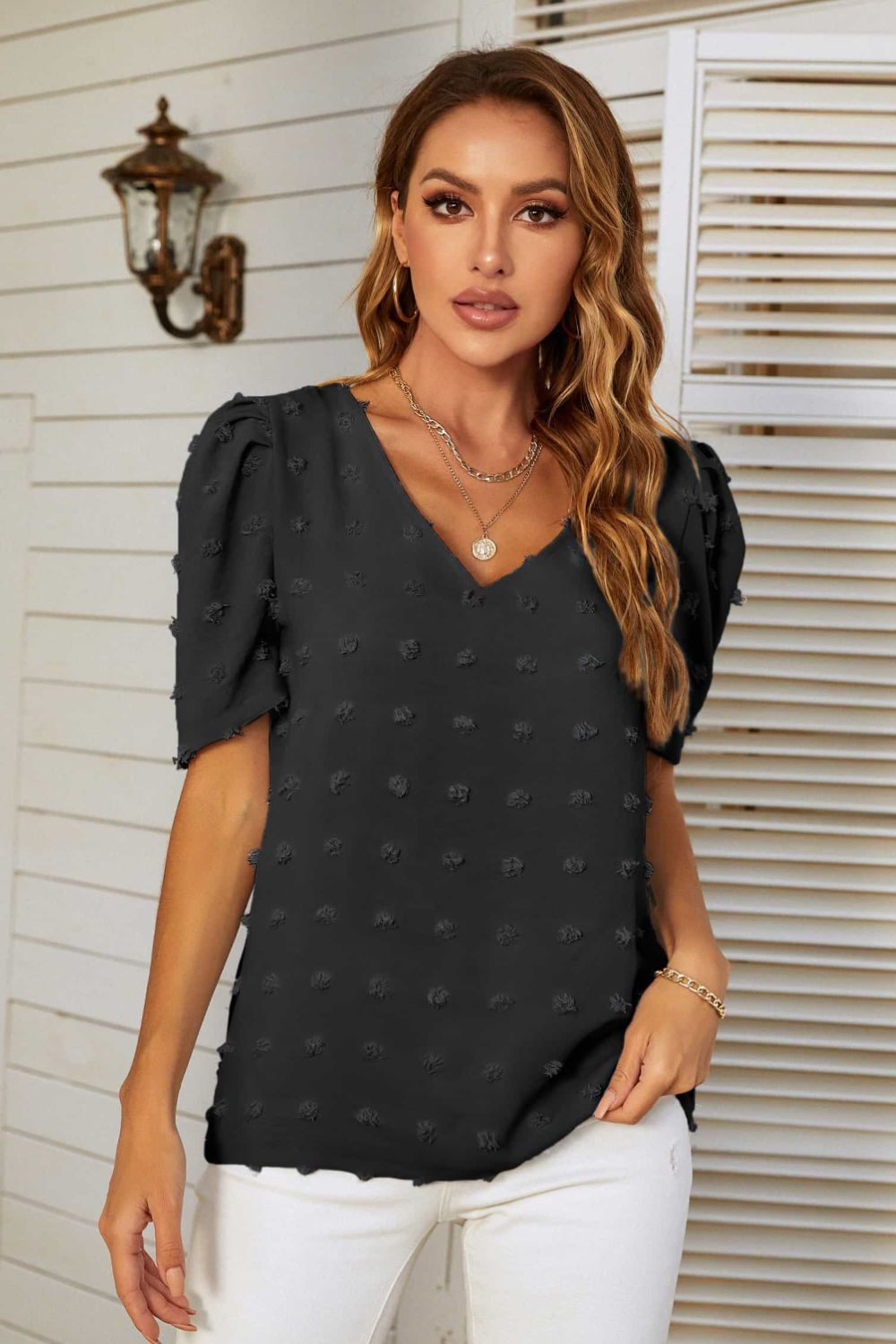 Mandy Swiss Dot V-Neck Puff Sleeve Blouse