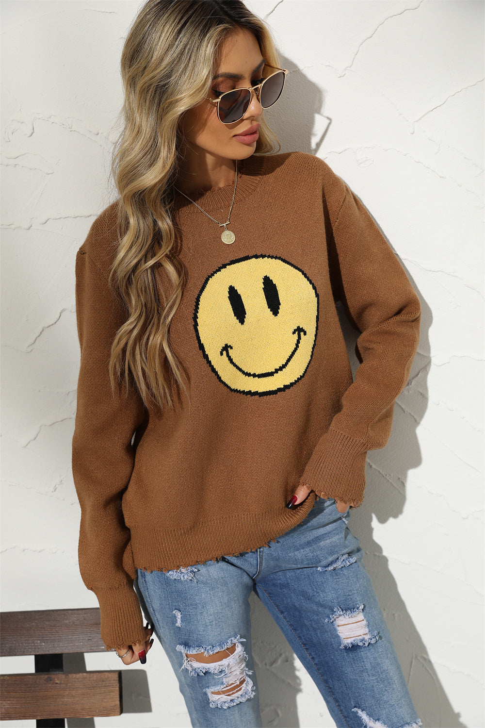 Angel Wings Round Neck Long Sleeve Smily Face Graphic Sweater