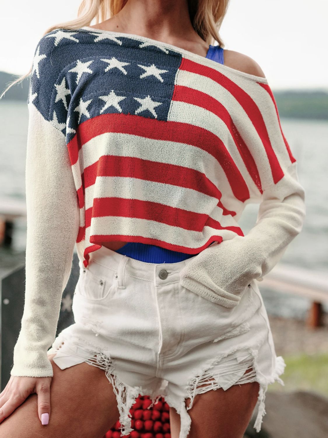 Perfee US Flag Boat Neck Long Sleeve Knit Top