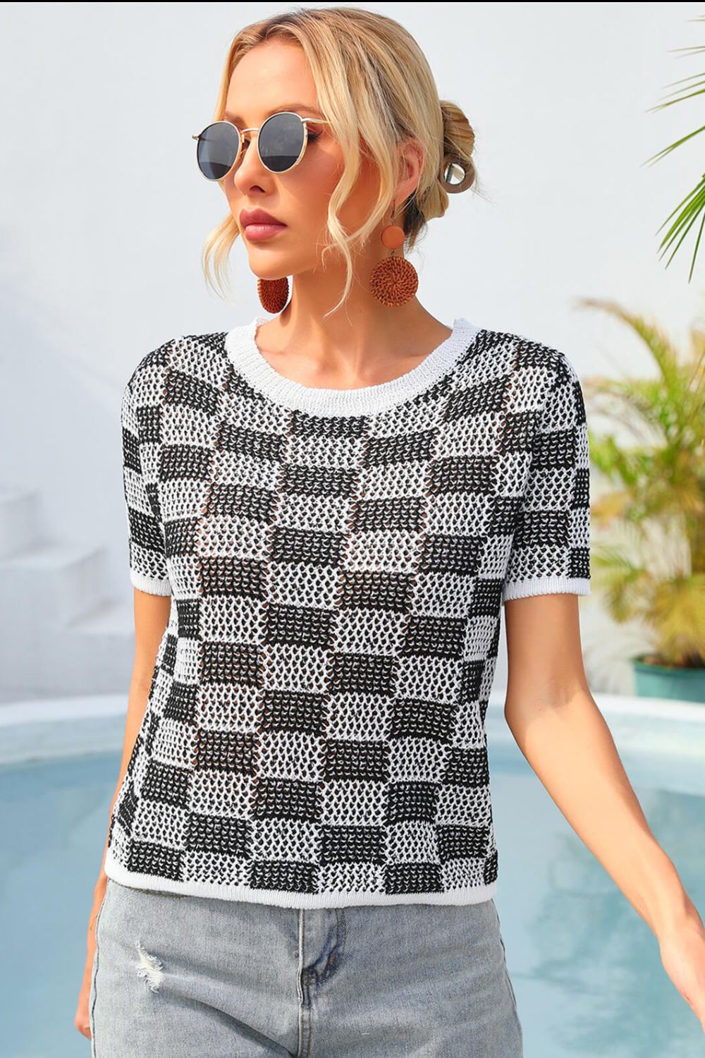 Angel Wings Checkered Short Sleeve Knit Top