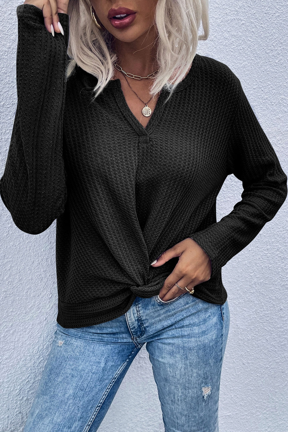 Perfee Twist Front Long Sleeve Waffle Knit Top