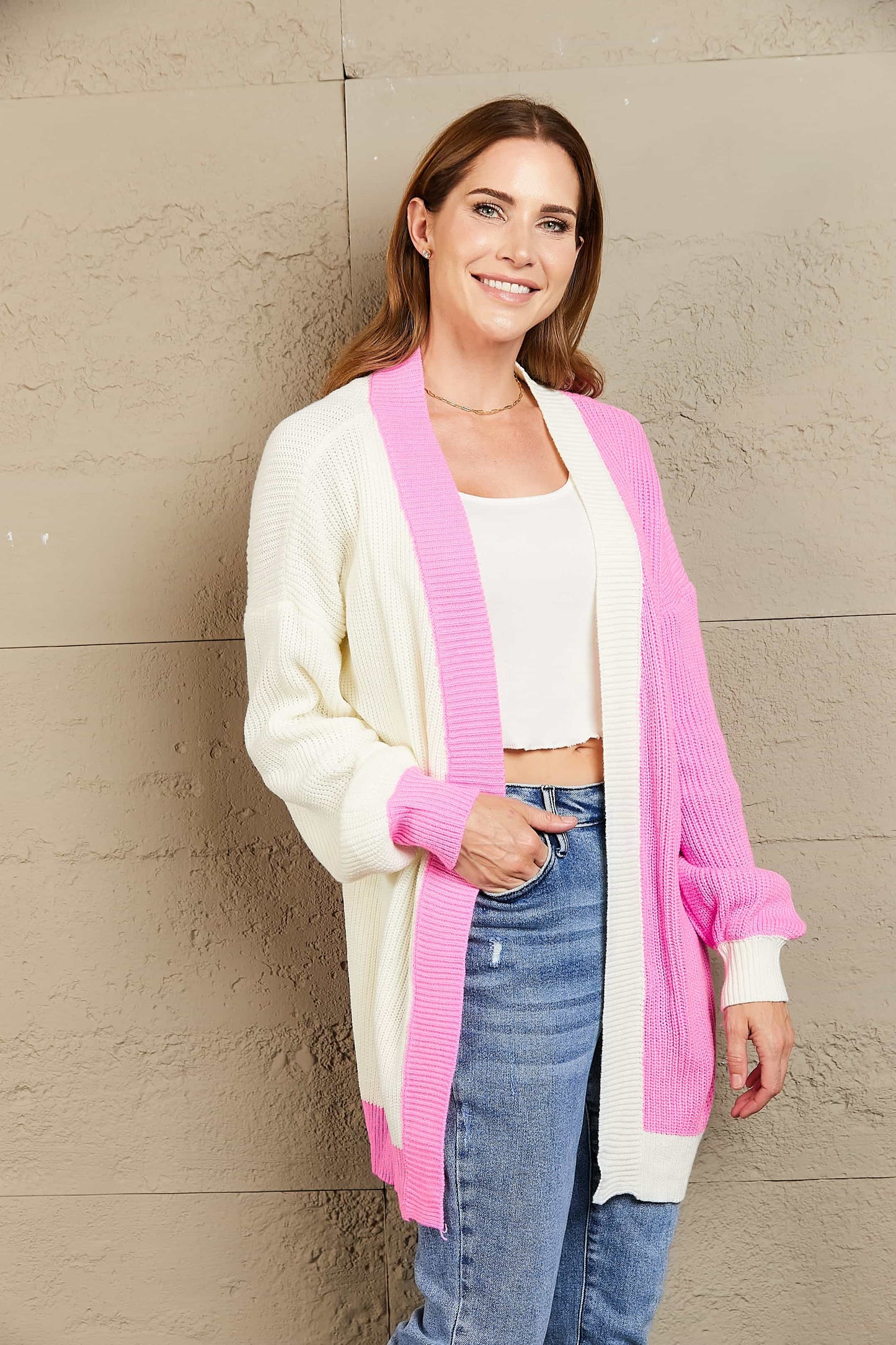 Mandy Woven Right Contrast Open Front Dropped Shoulder Longline Cardigan