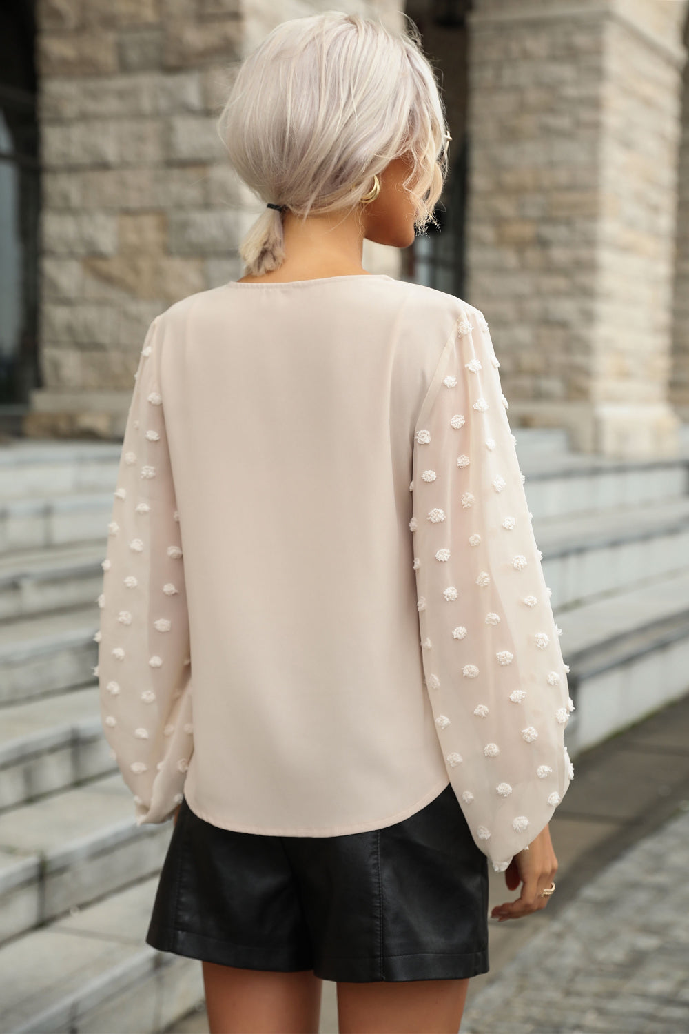 Perfee Swiss Dot Sleeve V-Neck Top