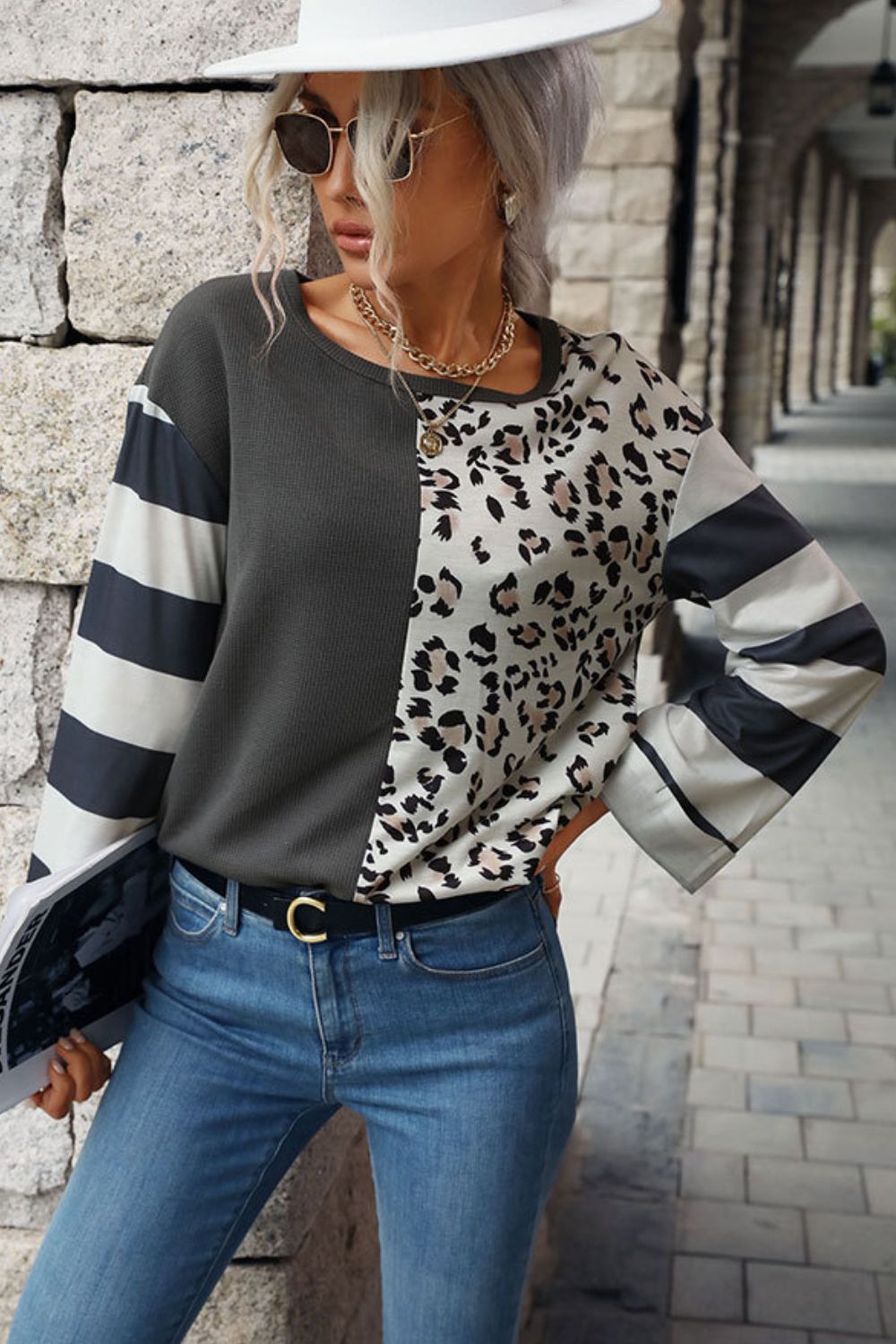 Perfee Leopard Striped Round Neck Long Sleeve Tee