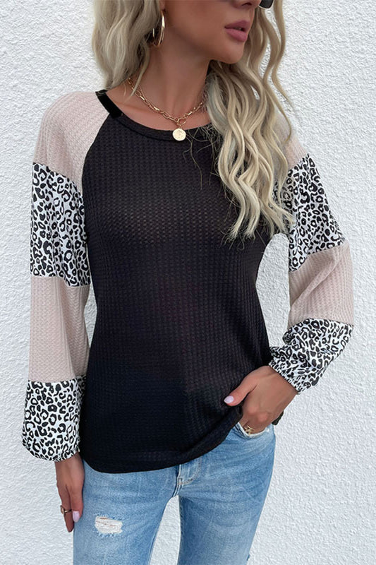 Perfee Contrast Leopard Print Waffle Knit Tee