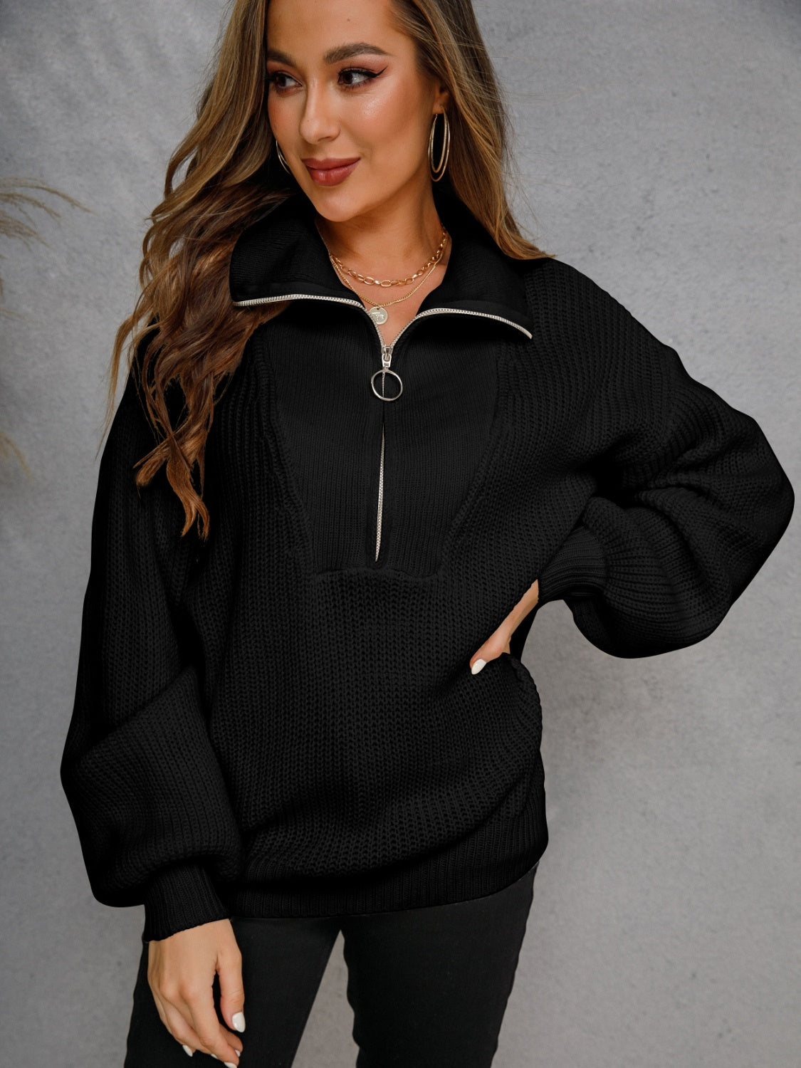 Angel Wings Half Zip Dropped Shoulder Sweater