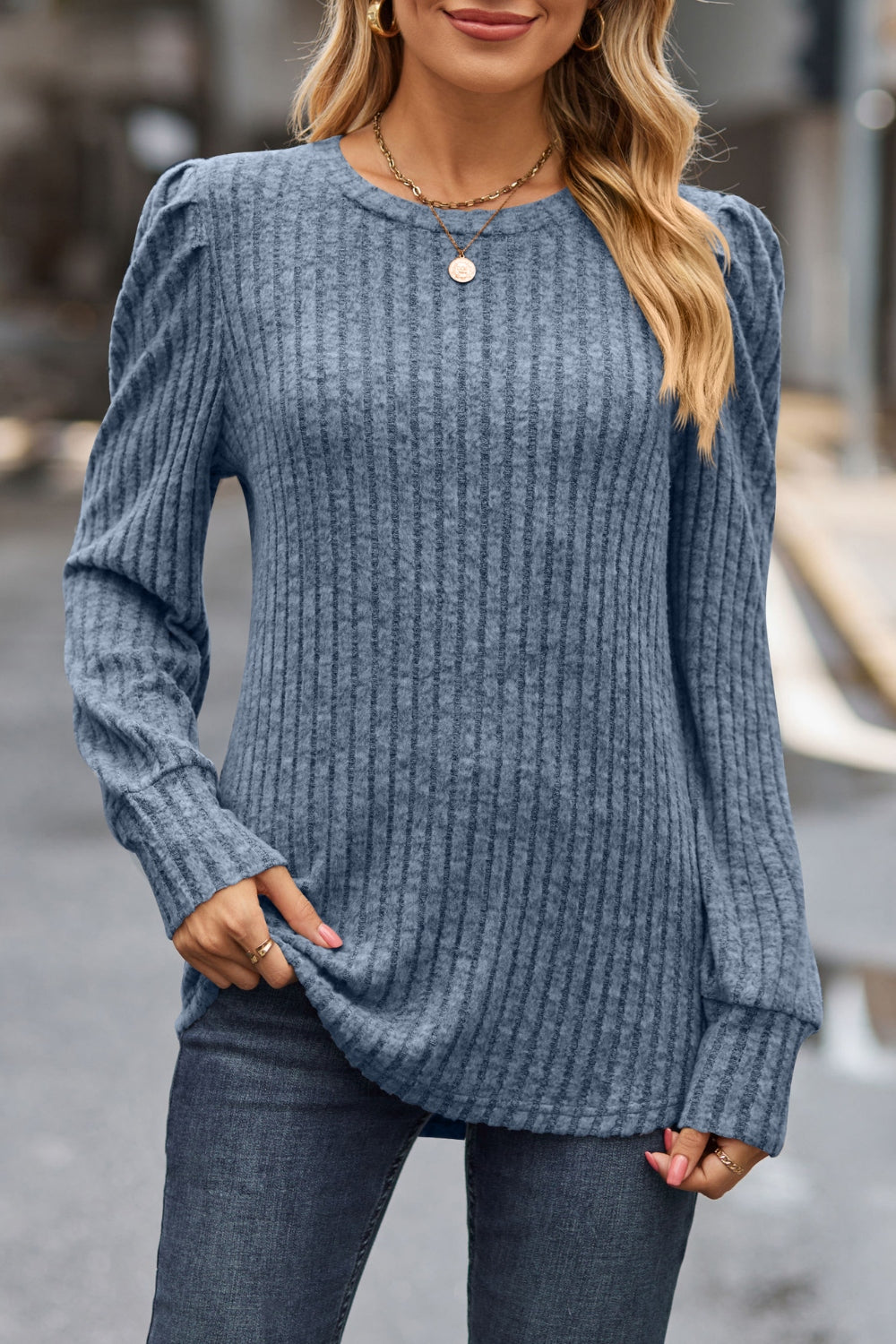 Lovelet Ribbed Round Neck Long Sleeve Knit Top