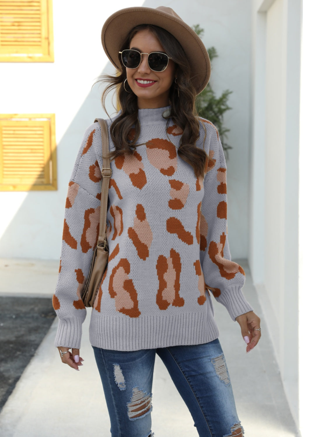 Angel Wings Leopard Mock Neck Dropped Shoulder Sweater