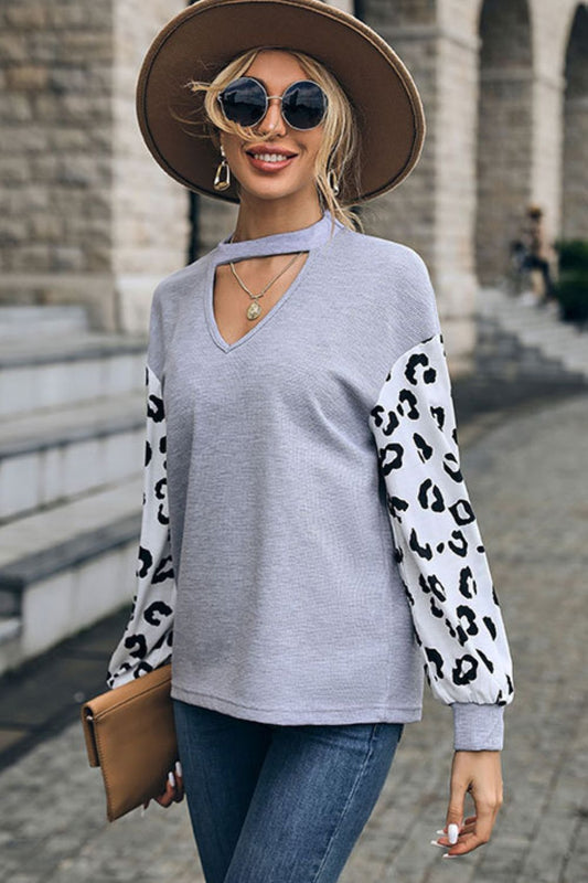 Perfee Leopard Print Cutout Long Sleeve Tee