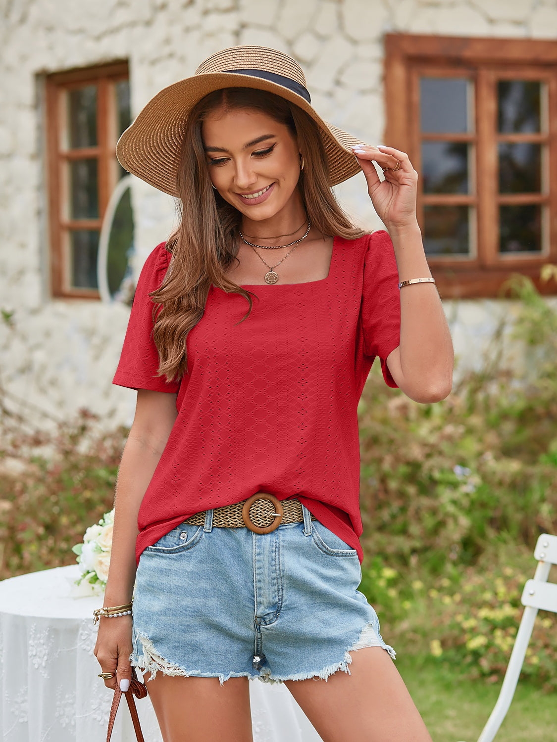 Mandy Eyelet Square Neck Short Sleeve Blouse