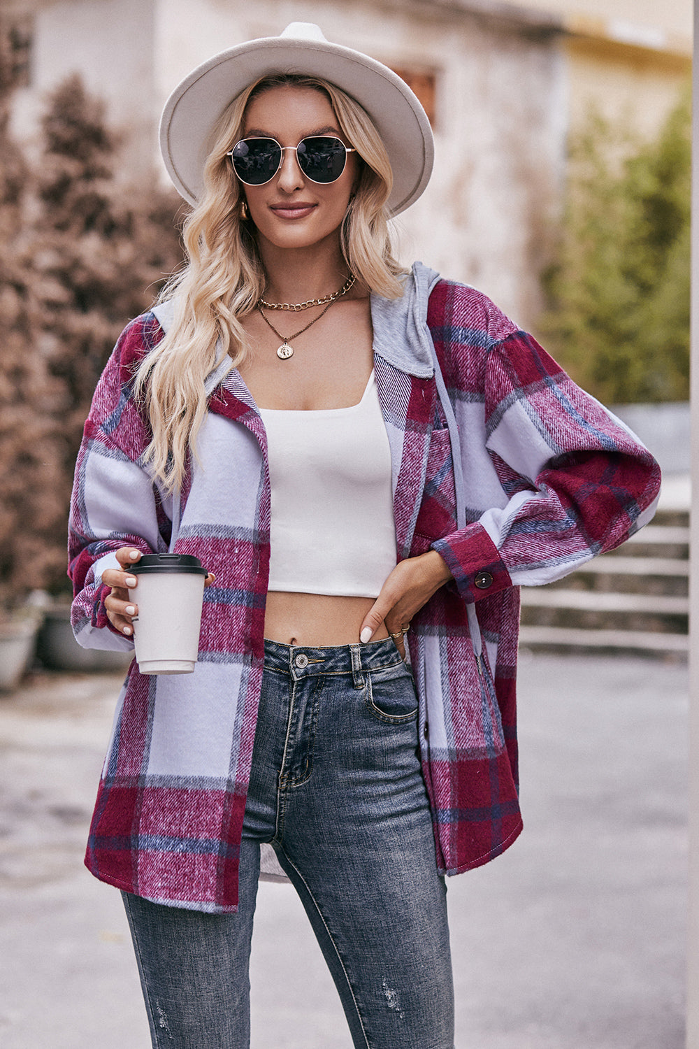 Mandy Plaid Dropped Shoulder Hooded Jacket