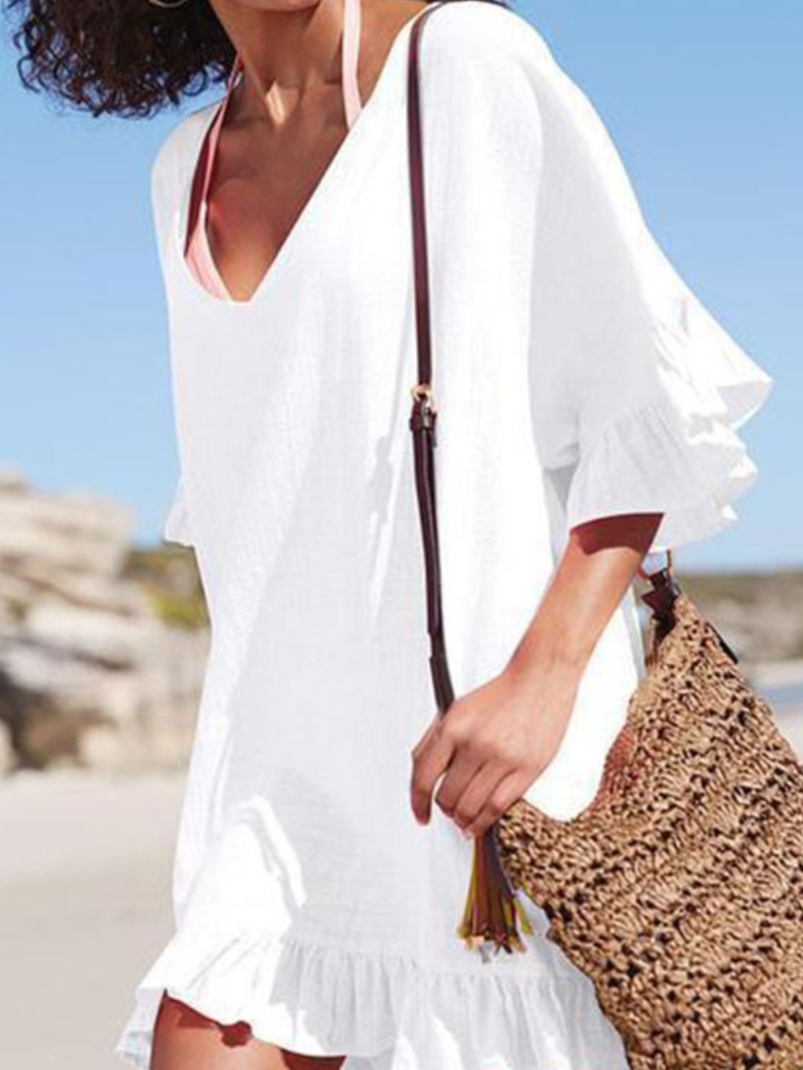 Ruffled V-Neck Half Sleeve Cover Up