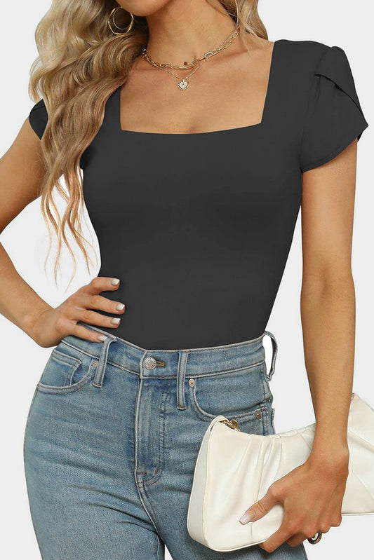 Black Overlap Short Sleeve Square Neck Bodysuit