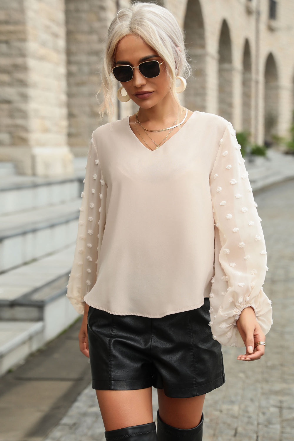 Perfee Swiss Dot Sleeve V-Neck Top