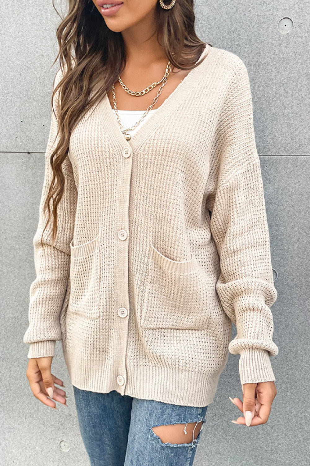 Perfee Button Front Drop Shoulder Waffle Cardigan