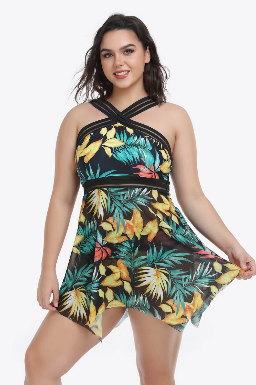 Plus Size Handkerchief-Hem Swim Dress and Bottoms Set