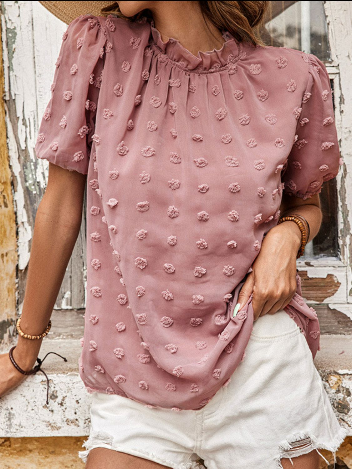 Perfee Swiss Dot Ruched Frill Trim Top