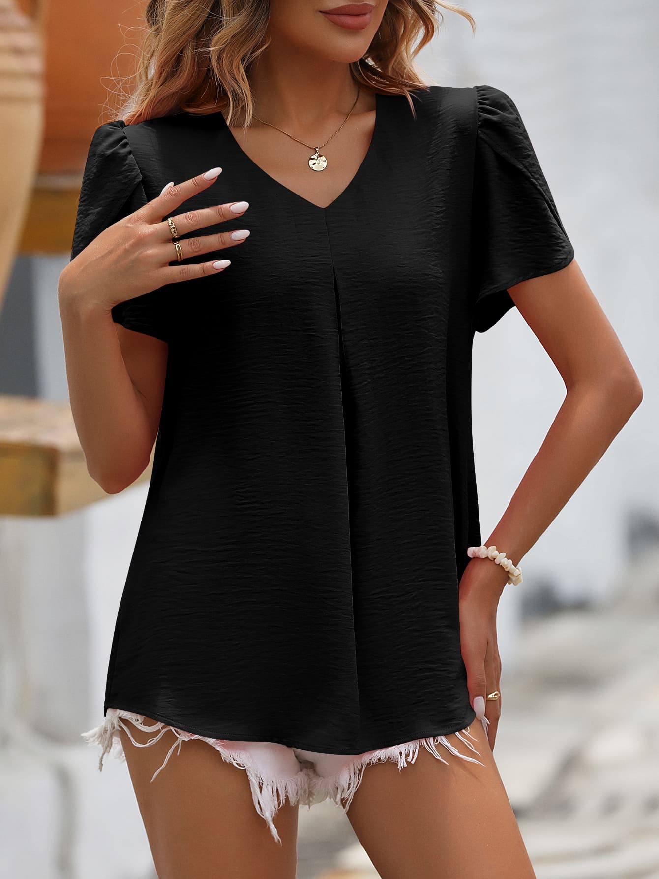 Mandy Ruche V-Neck Petal Sleeve Top