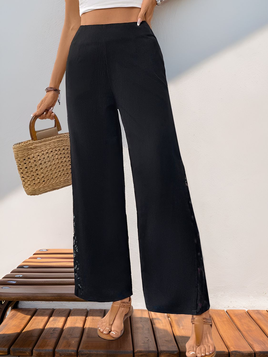 Perfee Lace Detail Wide Leg Pants