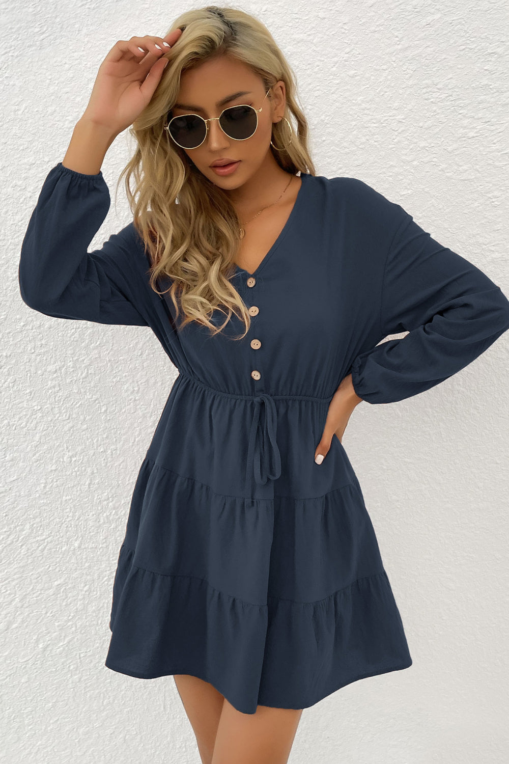 Perfee Decorative Button Tie Front Tiered Mini Dress