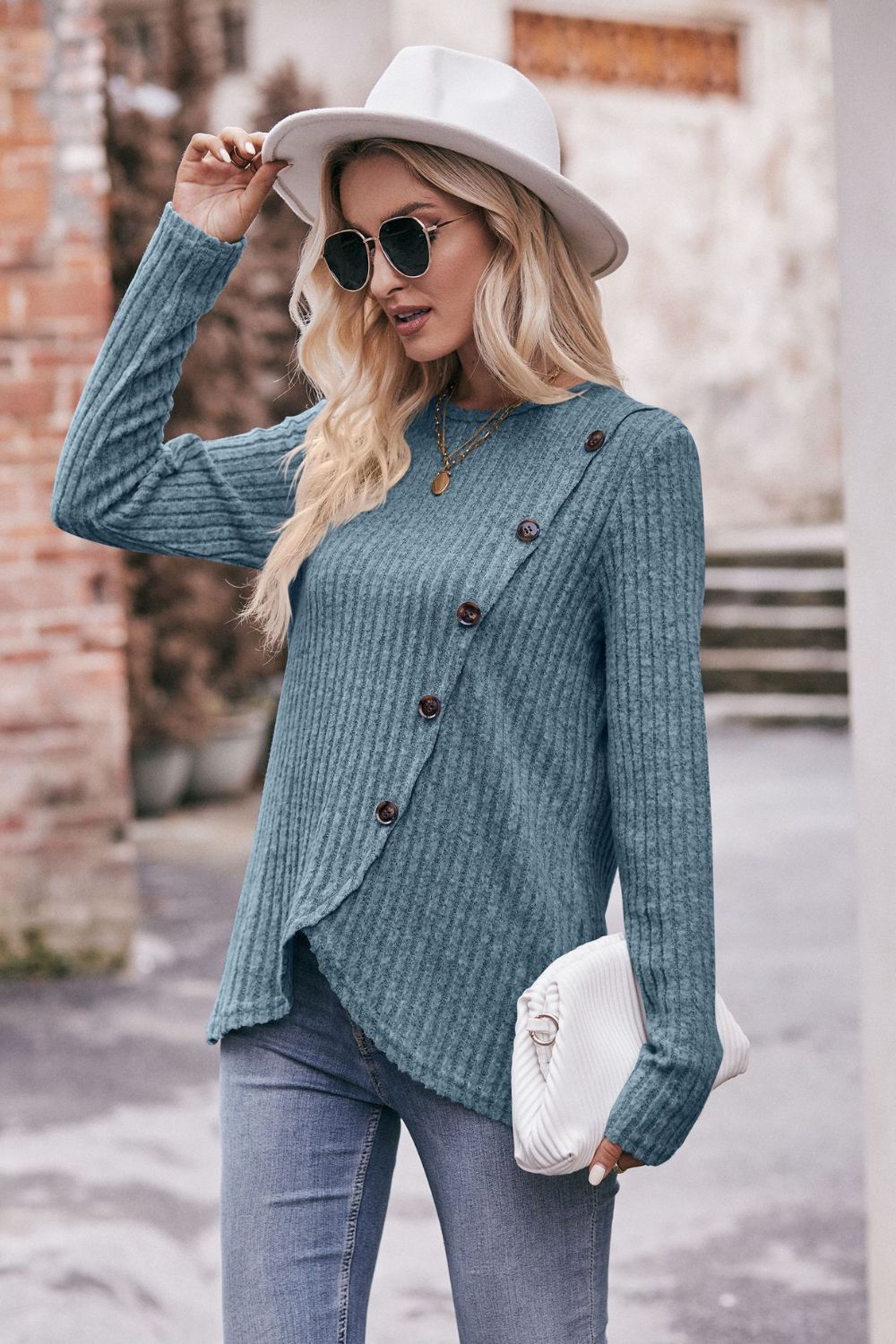 Mandy Ribbed Round Neck Buttoned Long Sleeve Tee