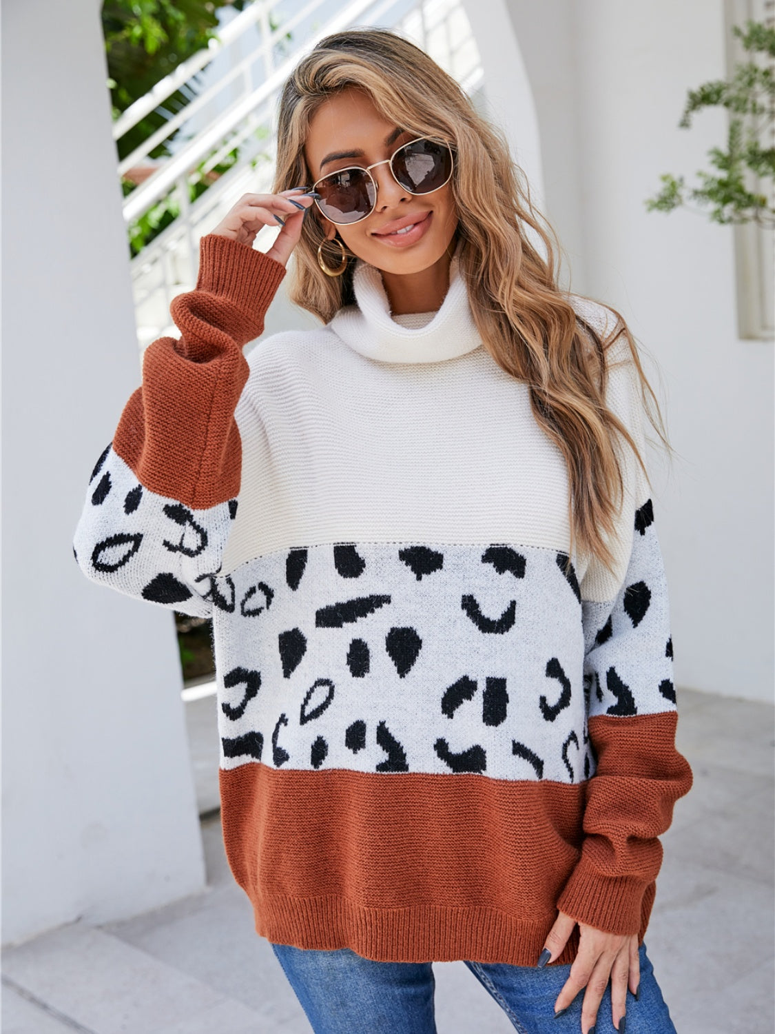 Angel Wings Leopard Color Block Turtleneck Sweater