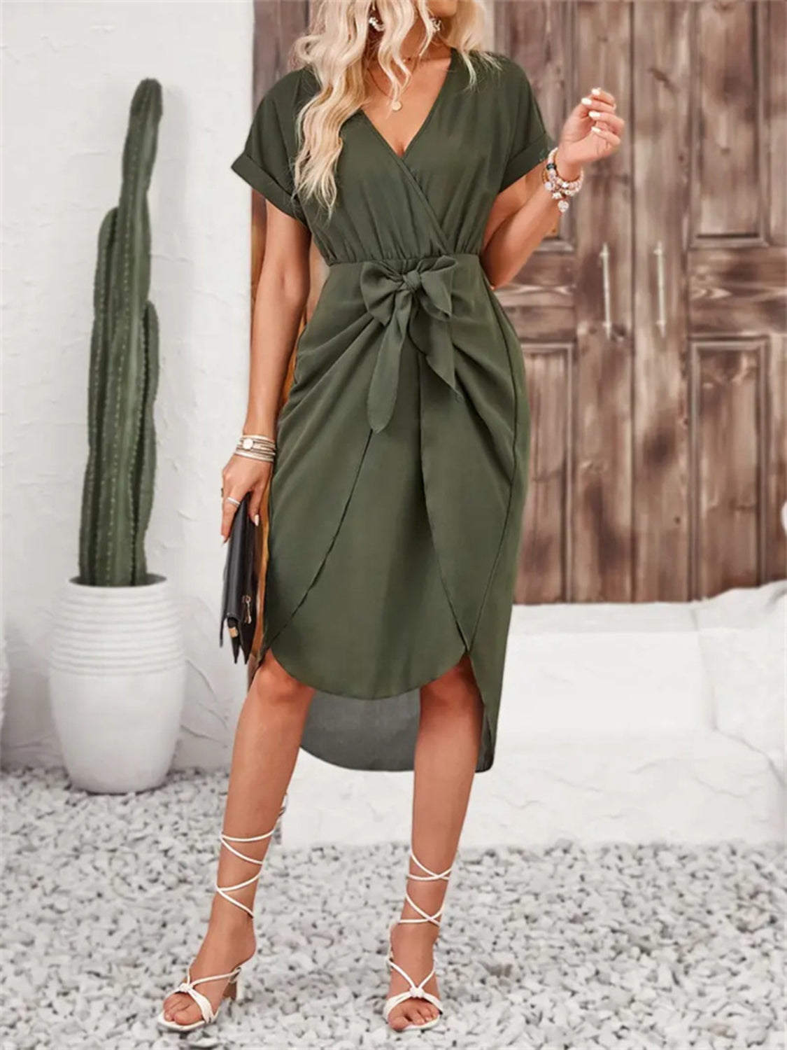 Tied Surplice Short Sleeve Dress