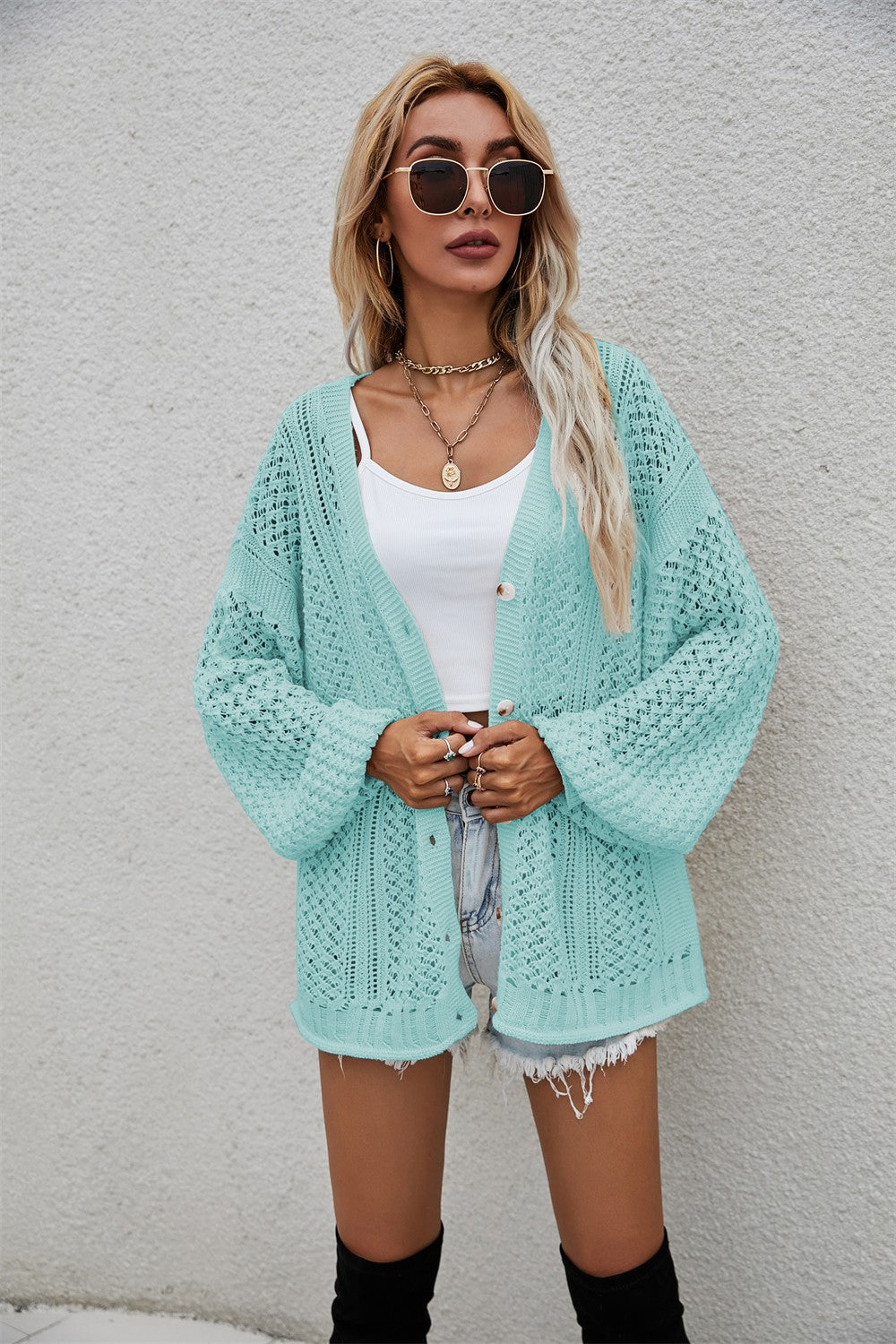 Angel Wings Openwork V-Neck Button Up Cardigan