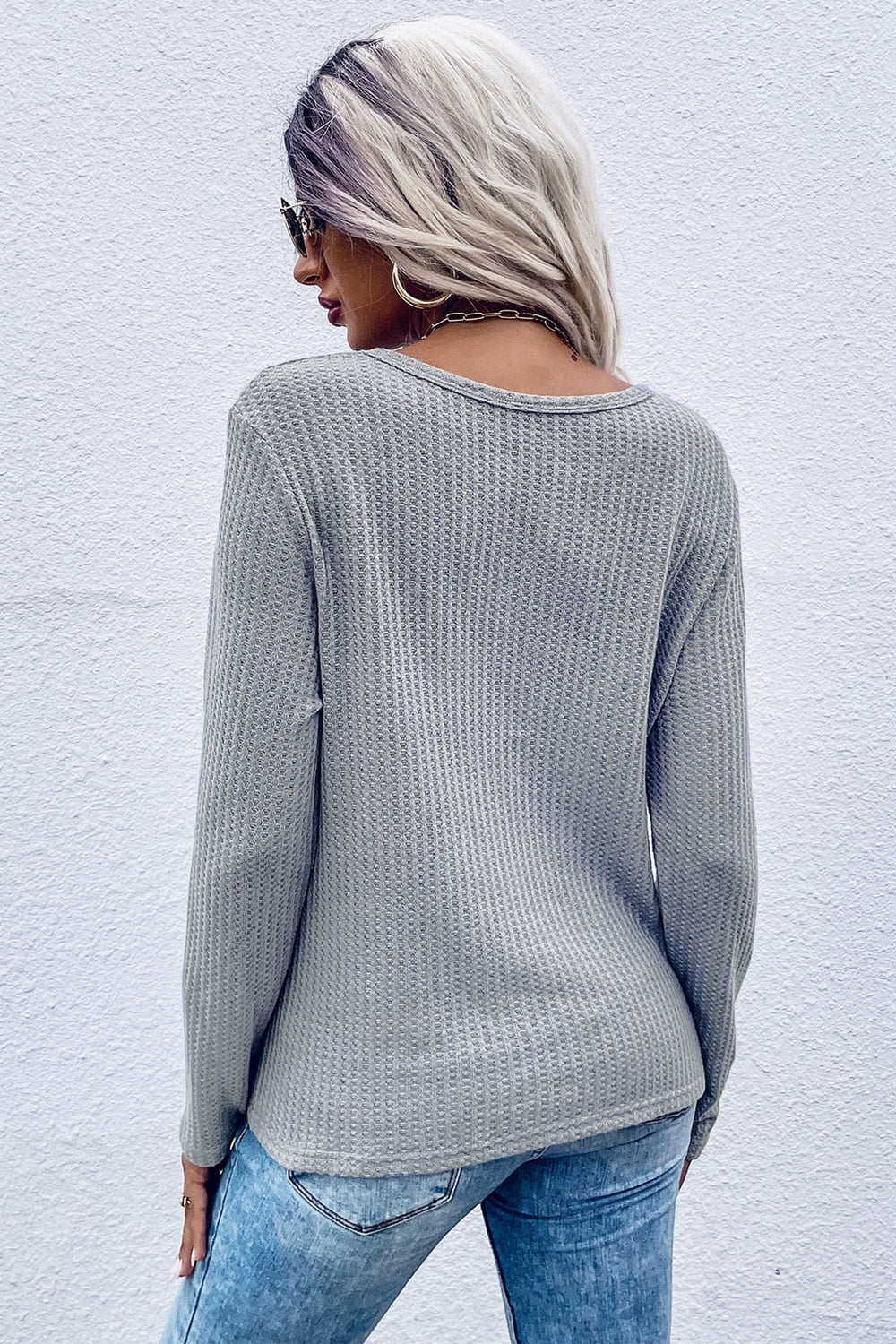 Perfee Twist Front Long Sleeve Waffle Knit Top