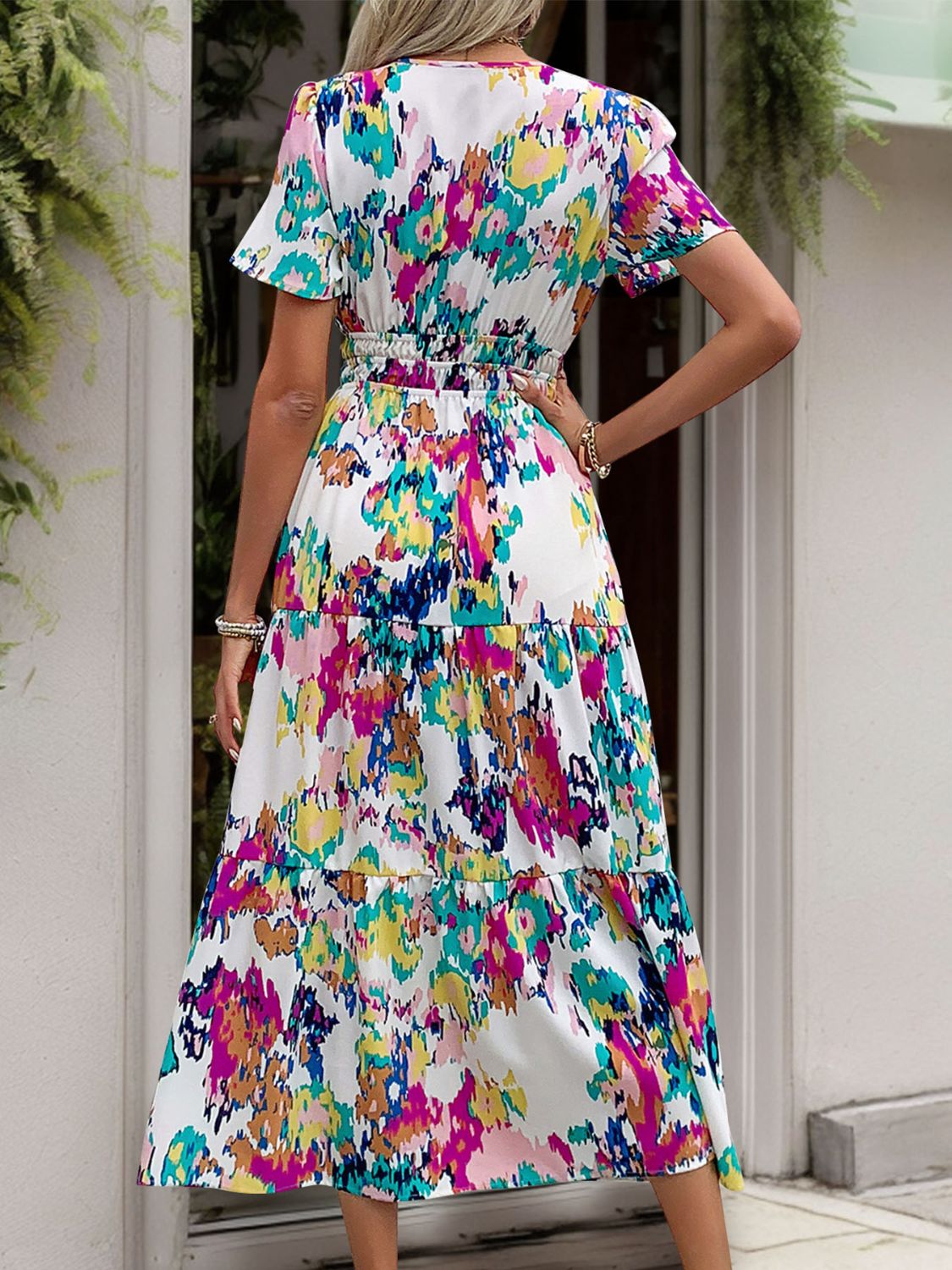 Perfee Printed Notched Short Sleeve Midi Dress