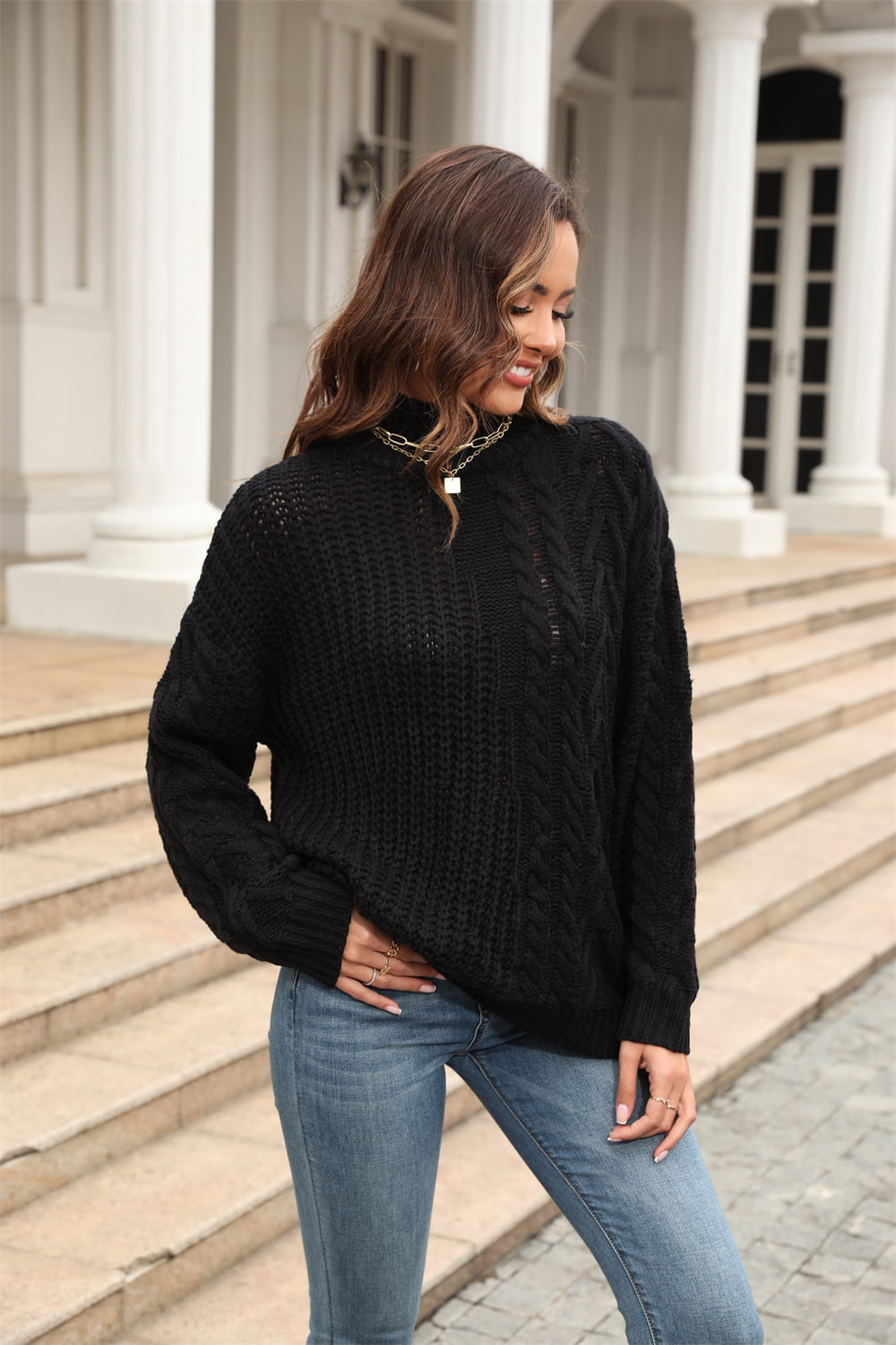 Angel Wings Cable-Knit Turtle Neck Long Sleeve Sweater