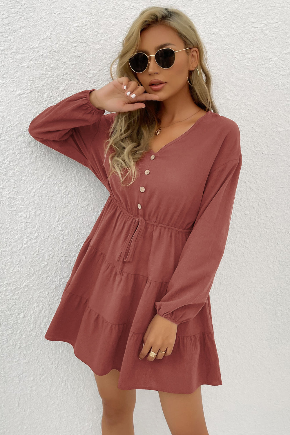 Perfee Decorative Button Tie Front Tiered Mini Dress