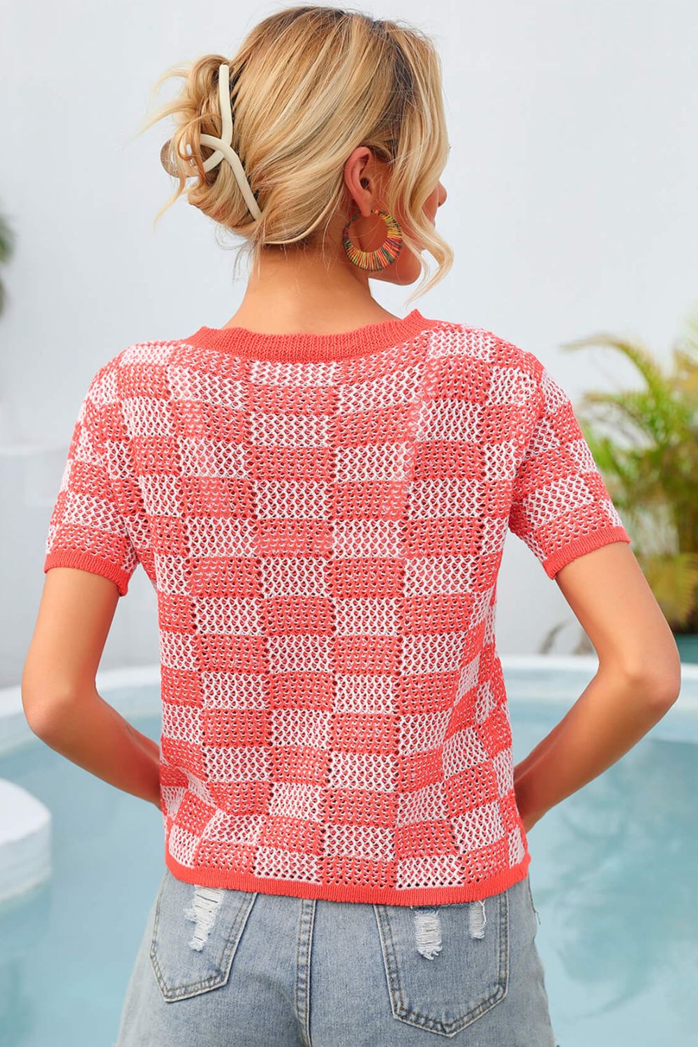 Angel Wings Checkered Short Sleeve Knit Top