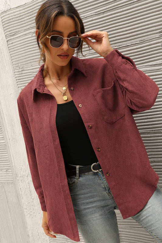 Mandy Button Front Drop Shoulder Corduroy Shirt