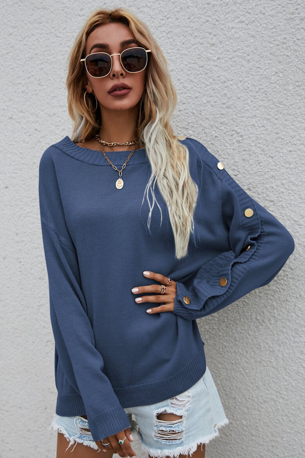 Angel Wings Button Detail Boat Neck Sweater