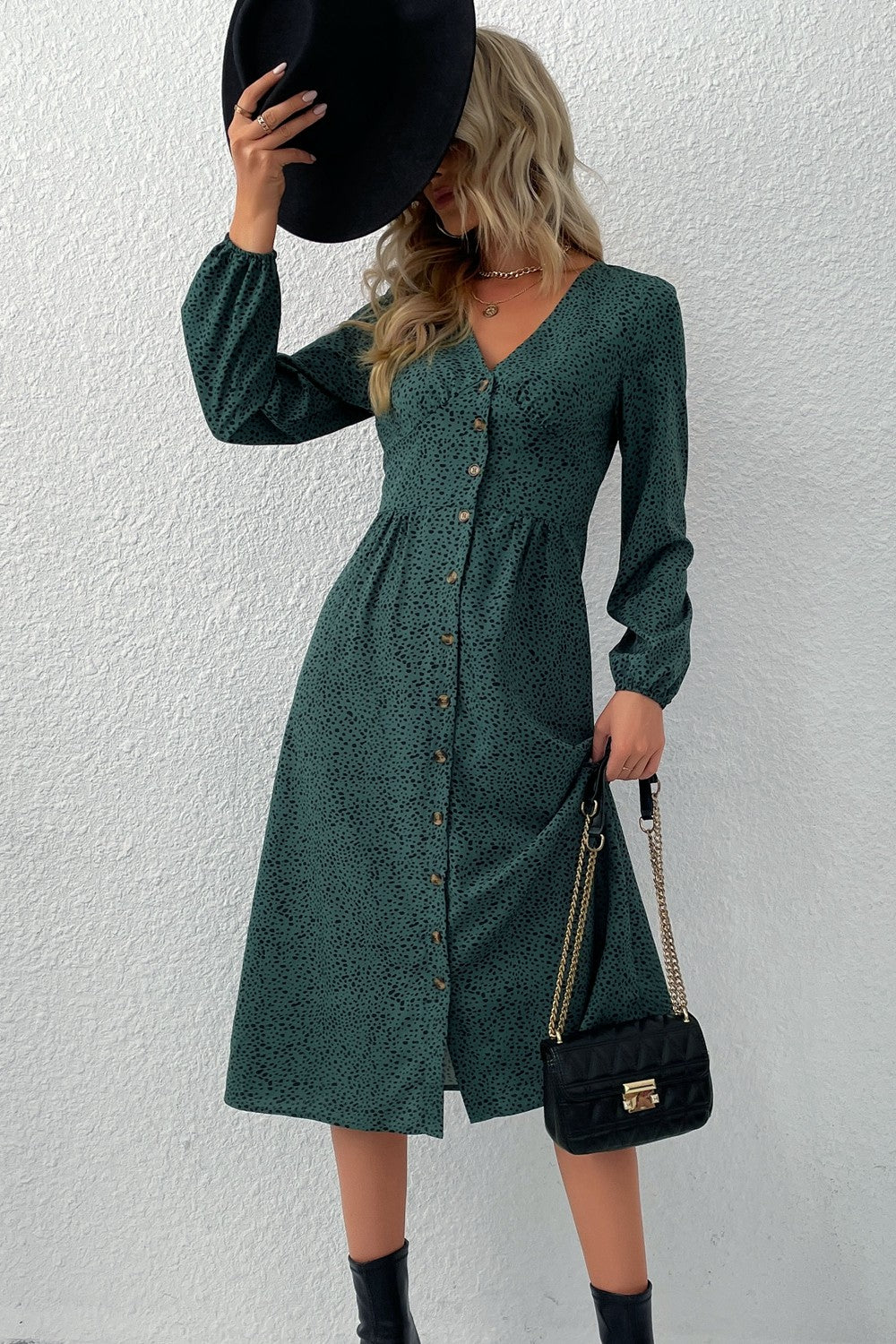 Perfee Printed Button Down V-Neck Midi Dress