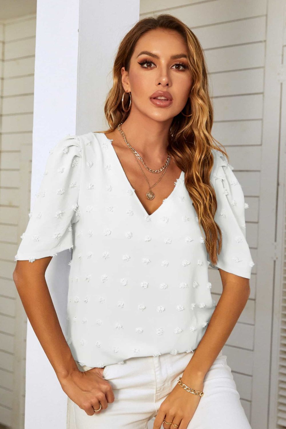 Mandy Swiss Dot V-Neck Puff Sleeve Blouse