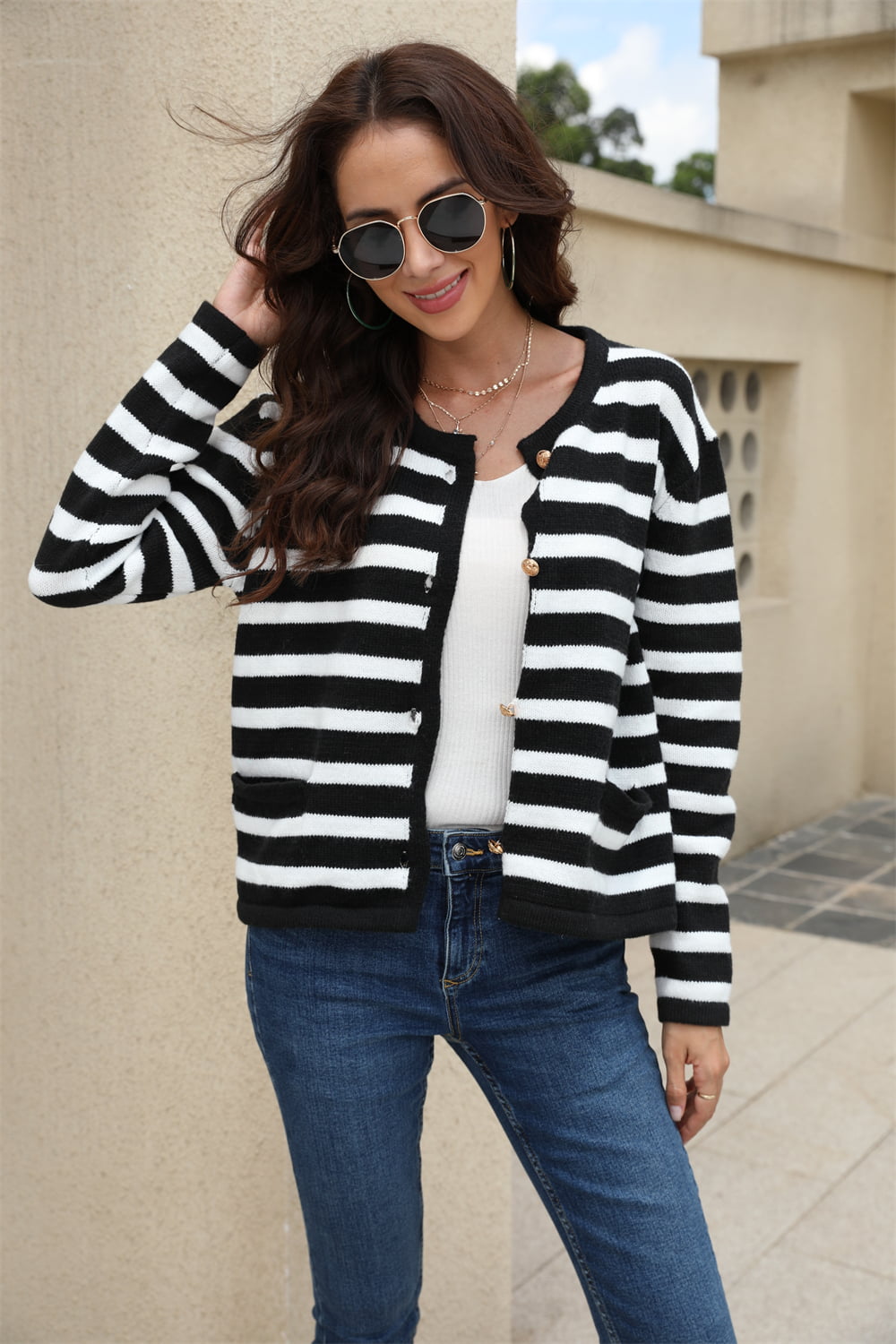 Angel Wings Striped Round Neck Button-Down Dropped Shoulder Cardigan